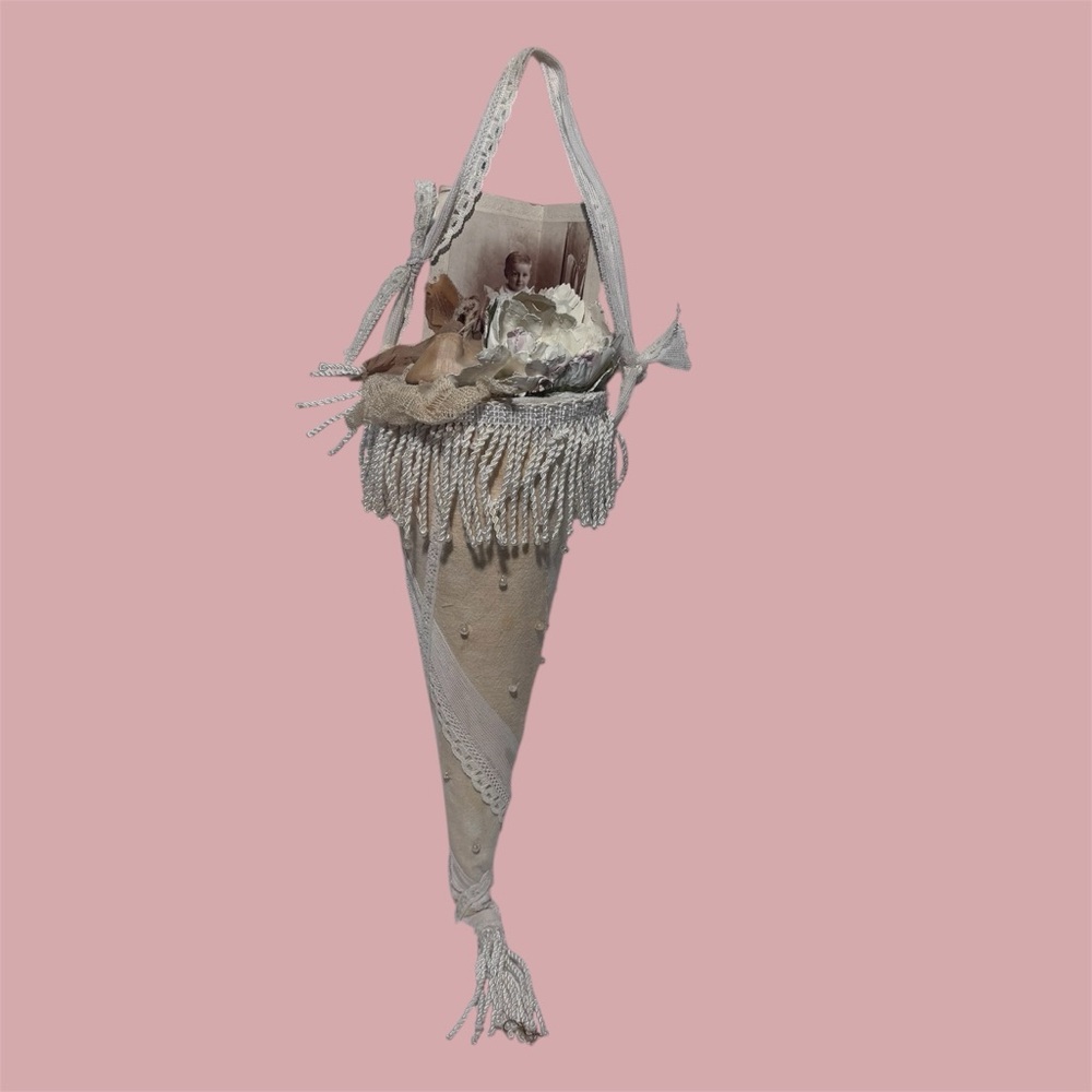 Handmade Victorian Cone Tussie Mussie with Vintage Baby Photo & Shoe Shabby Chic